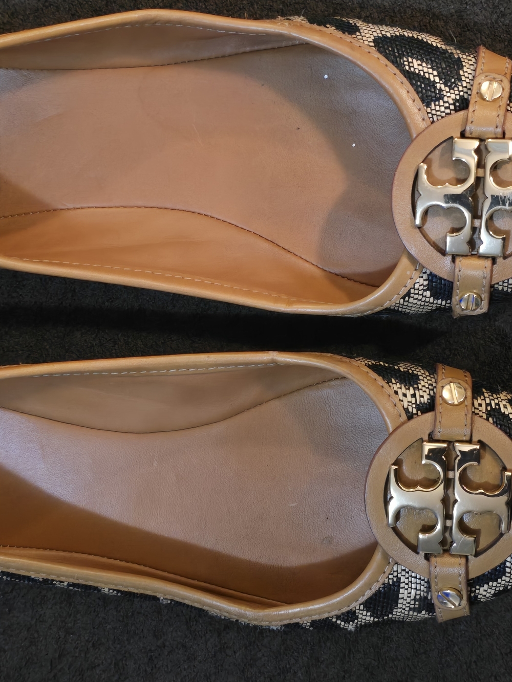 Tory Burch Tan Leather-Trim Logo Ballet Flats with Black & Cream Woven Upper